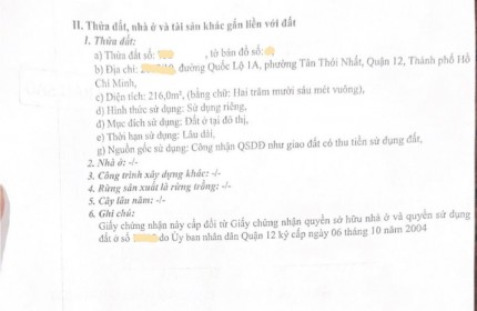 Bán BT MT Quốc Lộ 1A Phường Tân Thới Nhất Quận 12, ngang 8m, giá giảm còn 1x tỷ